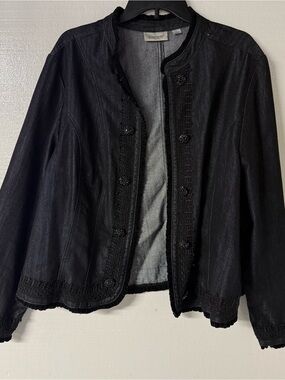 Avenue Jacket Denim Women Plus Size Black 26/28 Jewel Button Lace Trim Jean